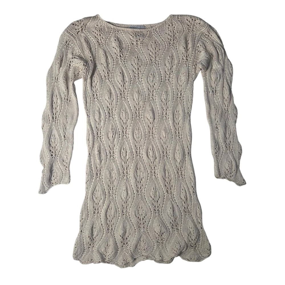 Bloomingdales Vintage 100% Silk Knit Top Small Beige Pointelle Leaf Long Sleeve